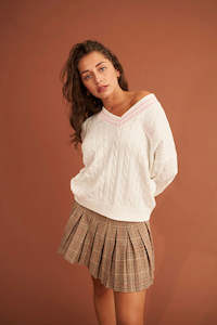 Huffer V-Neck Cable Knit Sweater Chalk