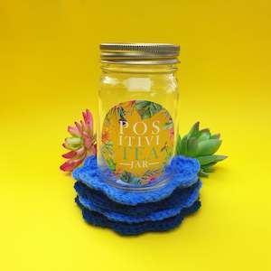 "PositiviTEA" jar with crochet coasters - yellow/blue