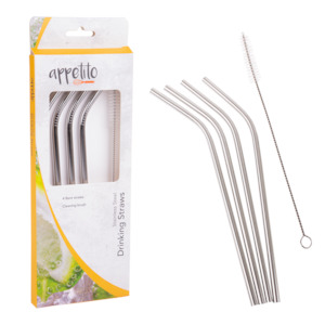 Appetito Set of 4 Stainless Steel Bent Drinking Straws with Brush