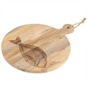 Linens & More Mango Wood Round Serving Board With Fish Design