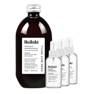 Heilala Cleaning and Sanitising Spray - 500ml | Refill + 3 x 30ml Spray Bottles