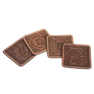 Internet only: Leather Hand Carved Coaster Set (4) - Dark Brown