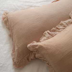 100% French Flax Linen Ruffle Edge Pillowcase Pair- Latte