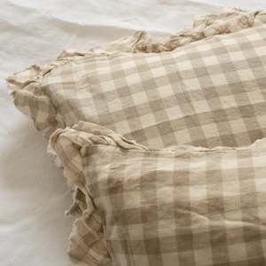 100% French Flax Linen Ruffle Edge Pillowcase Pair- Natural Gingham