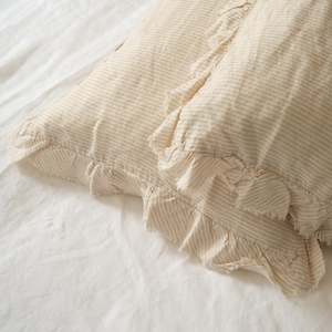 100% French Flax Linen Ruffle Edge Pillowcase Pair- Sand Stripe