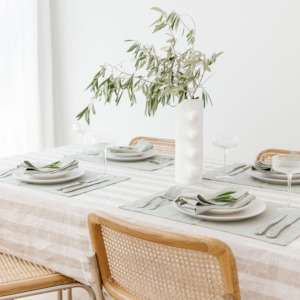 Dining: 100% French Flax Linen Tablecloth- Wide Natural Stripe