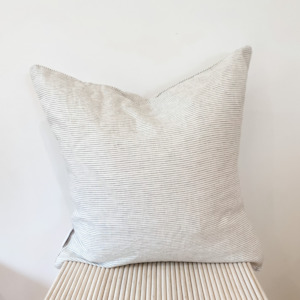 Cushions: 100% French Flax Linen Feather filled Cushion- Charcoal Pinstripe