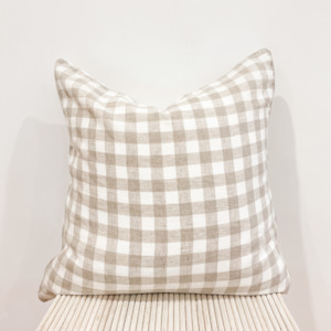 100% French Flax Linen Feather filled Cushion- Natural Gingham