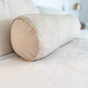 Ivory Boucle Bedroom: 100% French Flax Linen Feather filled Bolster Cushion- Natural Oat