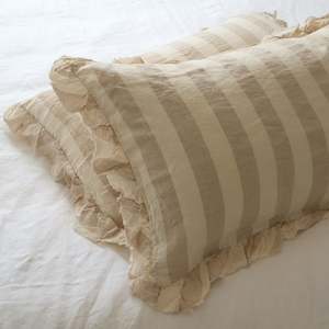 100% French Flax Linen Ruffle Edge Pillowcase Pair- Wide Natural Stripe