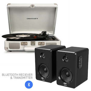 Speakers: Crosley Cruiser Bluetooth Portable Turntable - White Sands + Bundled Majority D40 Bluetooth Speakers - Black