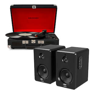 Products: Crosley Cruiser Bluetooth Portable Turntable - Black + Bundled Majority D40 Bluetooth Speakers