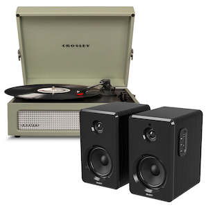 Products: Crosley Voyager Bluetooth Portable Turntable - Sage + Bundled Majority D40 Bluetooth Speakers - Black