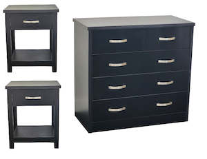 Gary Low Boy 4 Drawer & (2x) Gary Bedside Table Combo Black