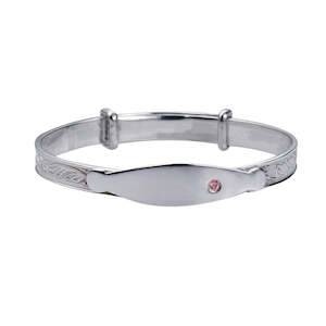 Clock: Sterling Silver Engraved Expanding Bangle with ID Plate and Pink Cubic Zirconia