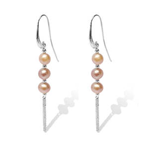 Sterling Silver & 3 Pink Pearl with Chain Earrings