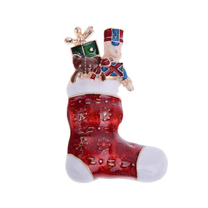 Festive Christmas Stocking Filled With Children’s Gifts Brooch Jolly Holiday Fun