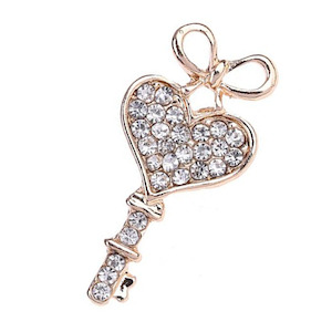 Valentine’s Heart Key Rhinestone Pin Brooch