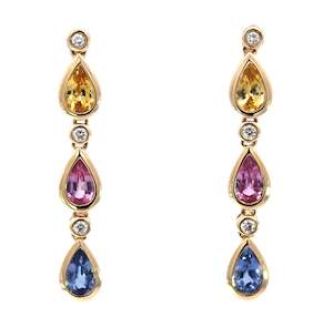 Multi Sapphire Pear & Diamond Chain Drop Earrings