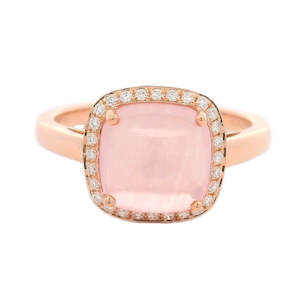 Coloured Stone Rings 1: Cabochon Pink Quartz and Diamond Ring 0.15ct TDW