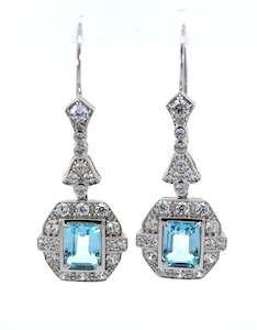 Vintage Art Deco: Silver Blue Topaz and CZ Emerald Cut Earrings