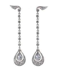 Vintage Art Deco: Silver and CZ Drop Chain Earrings