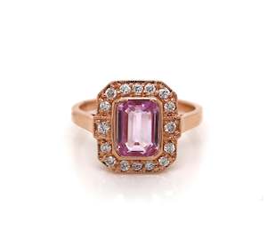 Emerald Cut Halo Pink Sapphire