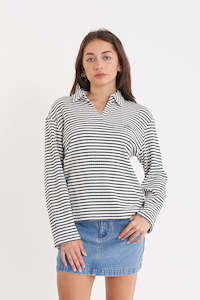 ALFIE STRIPE LS POLO CHALK/BLACK