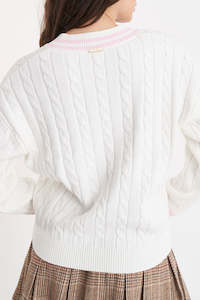 Knitwear: V-NECK CABLE KNIT SWEATER CHALK