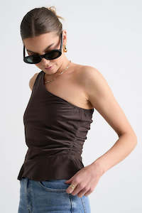 Amoung the Brave Fairytale Espresso Satin One Shoulder Top