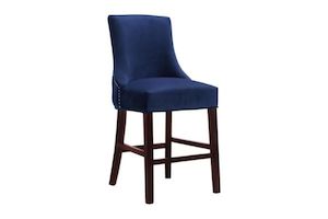 Furniture: FRANKLIN Velvet Counter Chair Solid Rubber Wood Legs (Navy Blue)