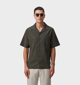 Clothing: Linen Cuban Collar SS Shirt - Olive