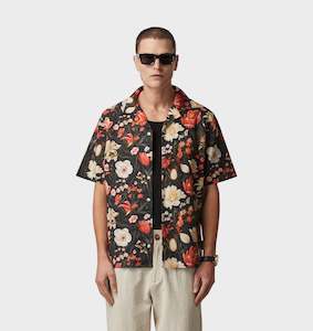 Clothing: Linen Cuban Collar SS Shirt - Dark Floral