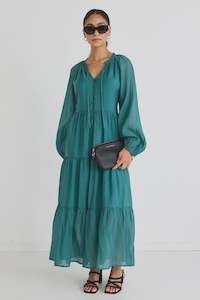 Aida LS Button Front Tiered Maxi Dress -Ocean