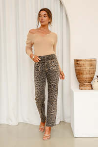 Front Pocket Straight Leg Jean -Leopard Print