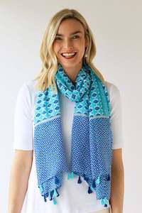 Tasselled Print Scarf w Diamond Border - Blue/Turquoise