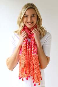 Tasselled Print Scarf w Diamond Border - Hot Pink/Orange