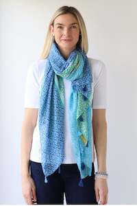 Three Panel Tasselled Scarf - Aqua/Navy/Green