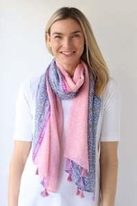 Three Panel Tasselled Scarf - Soft Pink/Lilac/Navy