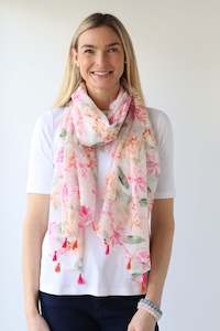 Scarves: Summer Floral Print Scarf with Tassels - White/Pink/Green