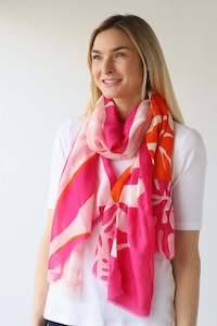 Large Leaf Print Scarf - Hot Pink