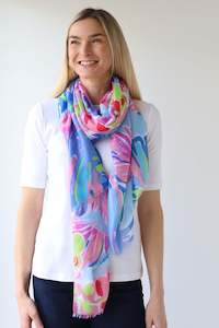 Tropical Leaf Print Scarf - Blues/Pinks/Lime