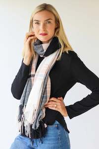 Warm Big Check Fringed Scarf -Soft Grey/Winter White/Peachy PInk