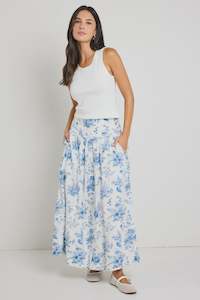 Affinity Shirred Back Tiered Maxi Skirt -Porcelain Print