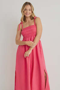 Vacation Strappy Shirred Midi Dress - Fuchsia