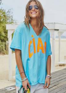 Ciao V Neck Slouchy Tee -Aqua