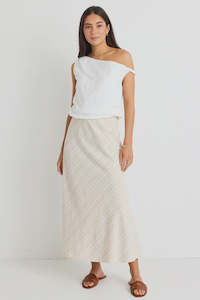 Among The Brave: Sleek Linen Bias Midi Skirt - Natural Stripe