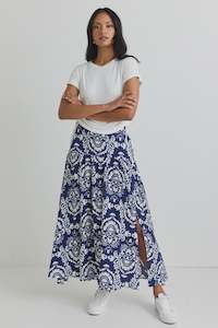 Pisces Tiered Split Front Maxi Skirt -Navy Tile Print