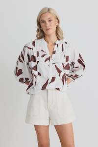 Ornamental Lace Insert Pintuck SS Shirt - Chocolate Leaves