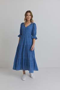 Dreamy Bubble Tiered Maxi Dress - Steel Blue